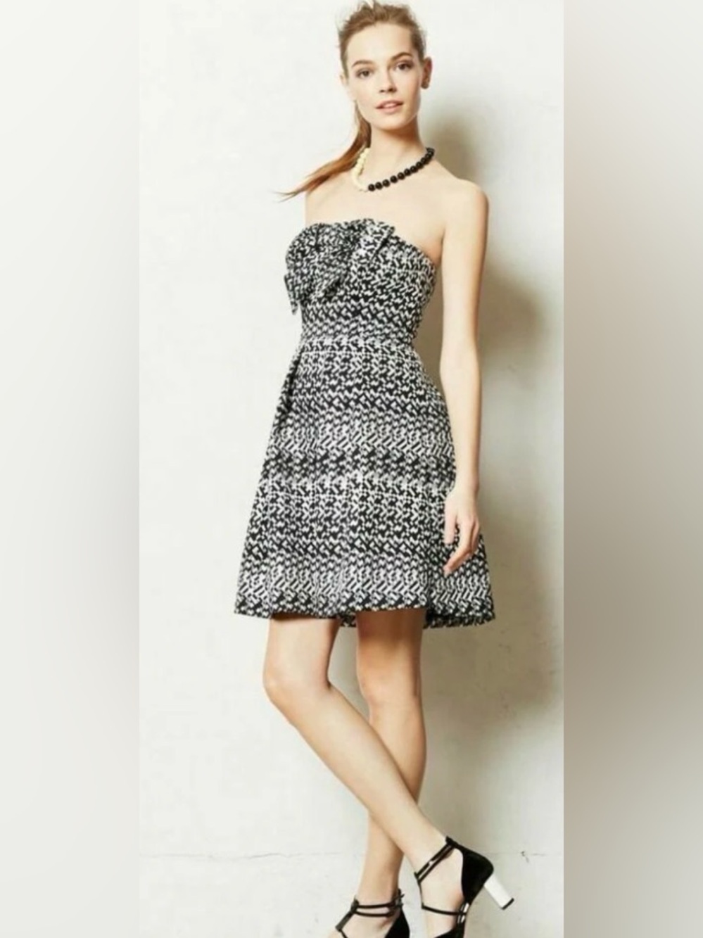 Eva Franco Strapless Jacquard Bow Cocktail Dress Black White Size 4
